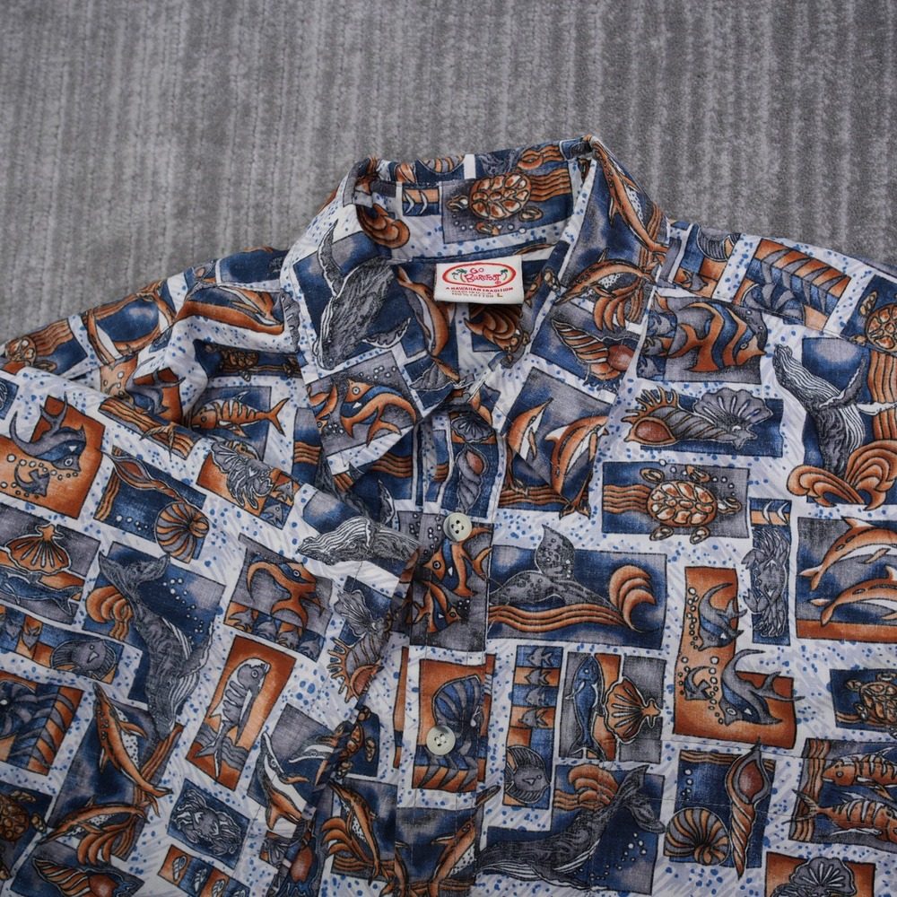 Go Barefoot Hawaiian Shirt Mens Large Blue Orange Sea Life Whale Turtle USA Made